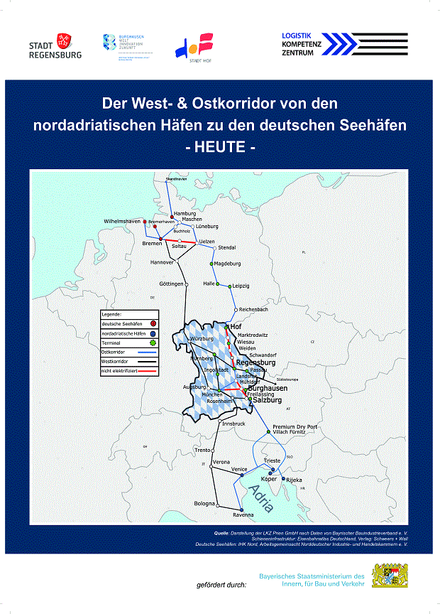Abb. 1 West- und Ostkorridor -Heute- mit Darstellung der nicht-elektrifizierten Teilstrecken entlang des Ostkorridors (rote Linien)